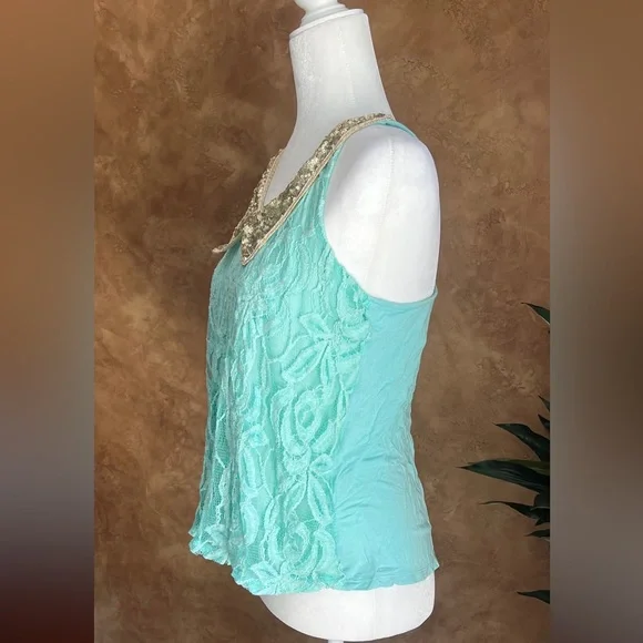 Daytrip Teal sheer sleeveless gold collar top sz Medium - Picture 4 of 7